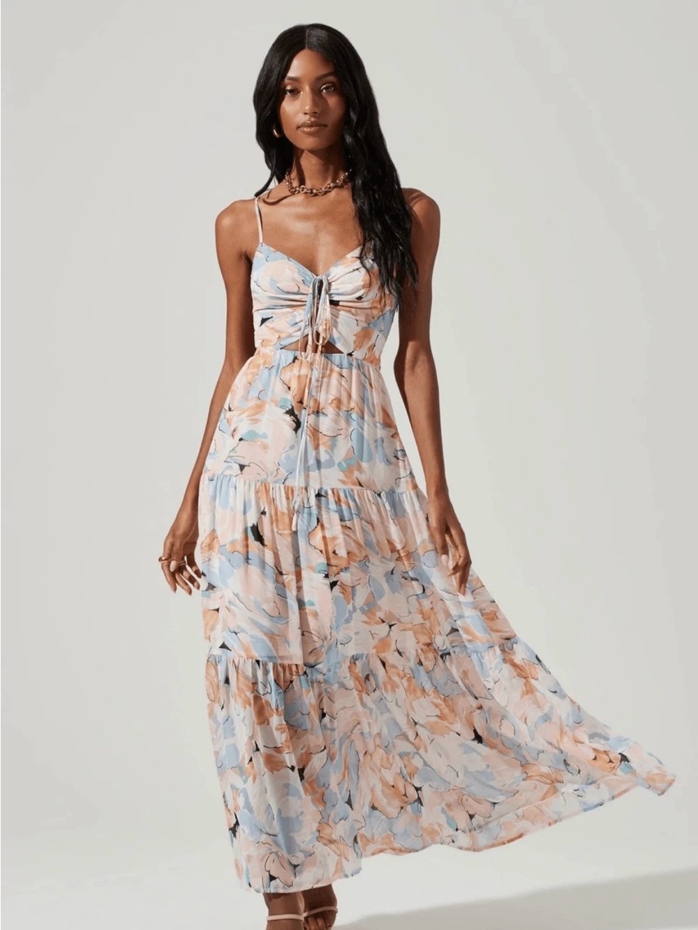 ASTR the Label Floral Tie-Front Maxi Dress in Peach & Light Blue